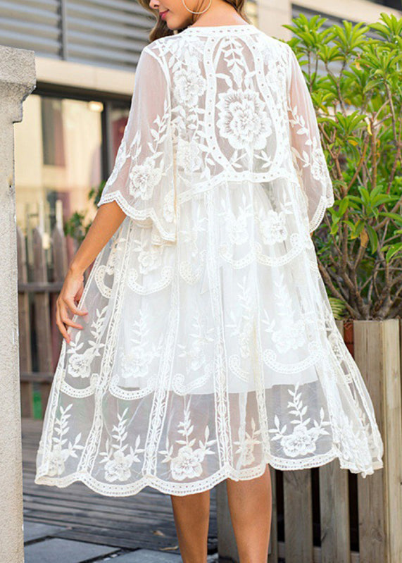 Beautiful White V-Neck Embroidery Floral Tulle Swimwear Beach Cardigans VC052 WM-Beach-TP240615