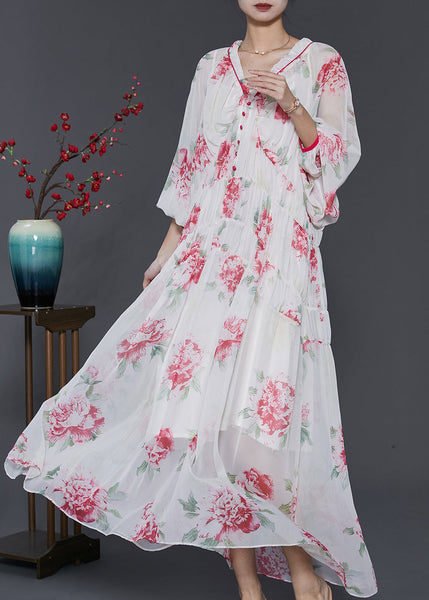 Beautiful White V Neck Print Chiffon Beach Dress Spring SD1029 Ada Fashion