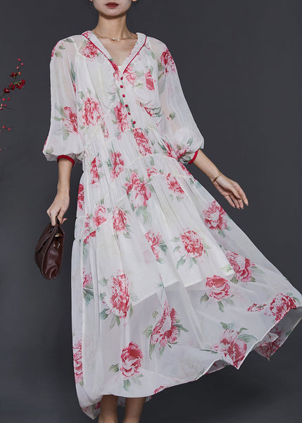 Beautiful White V Neck Print Chiffon Beach Dress Spring SD1029 Ada Fashion