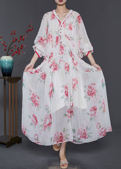 Beautiful White V Neck Print Chiffon Beach Dress Spring SD1029 Ada Fashion