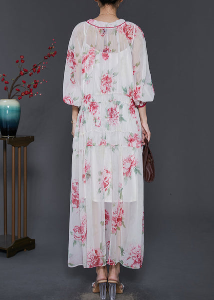 Beautiful White V Neck Print Chiffon Beach Dress Spring SD1029 Ada Fashion