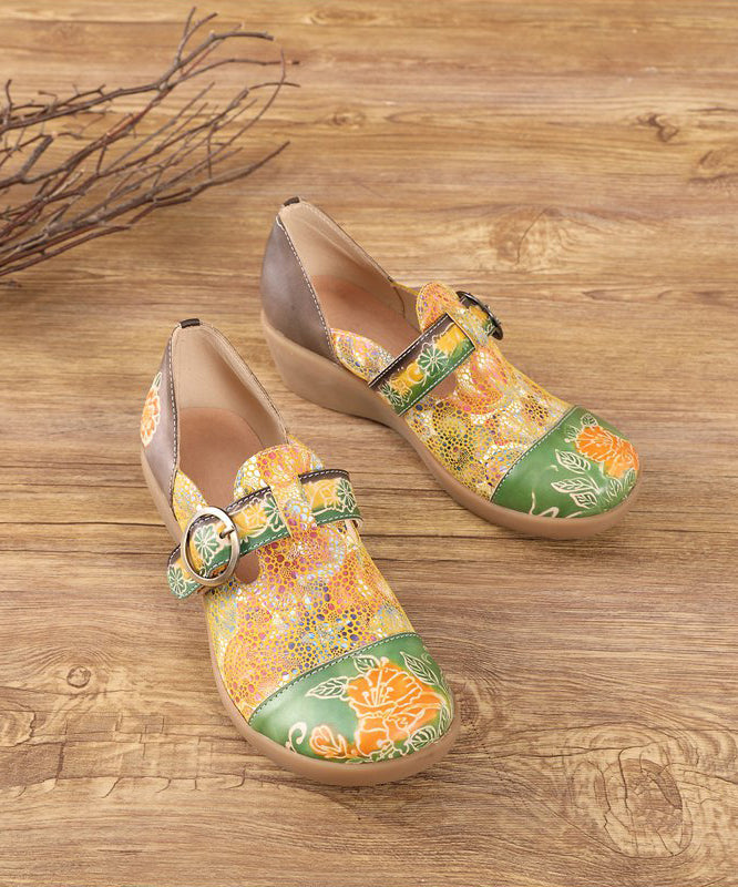 Beautiful Yellow Buckle Strap Embossed Wedge High Wedge Heels Shoes SL1009 Ada Fashion