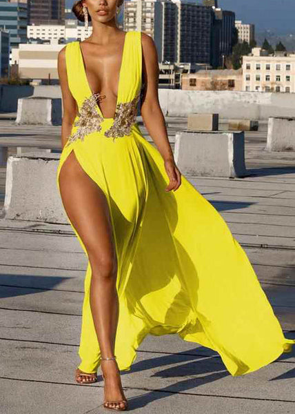 Party Open Yellow Beautiful Side Neck Deep-V Dresses Summer FashionChic