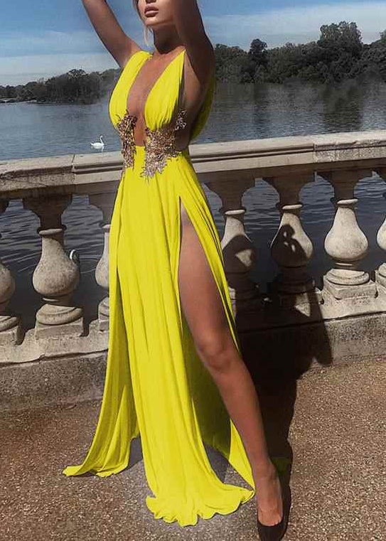 Party Open Yellow Beautiful Side Neck Deep-V Dresses Summer FashionChic