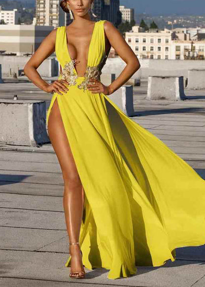 Party Open Yellow Beautiful Side Neck Deep-V Dresses Summer FashionChic