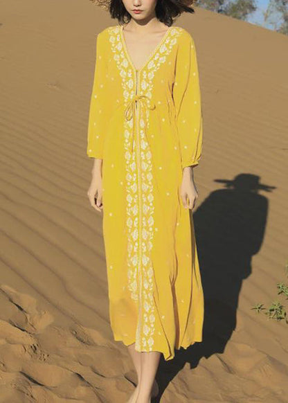 Embroidered Long Beautiful Yellow Bracelet Lace Up Cotton Dresses FashionChic