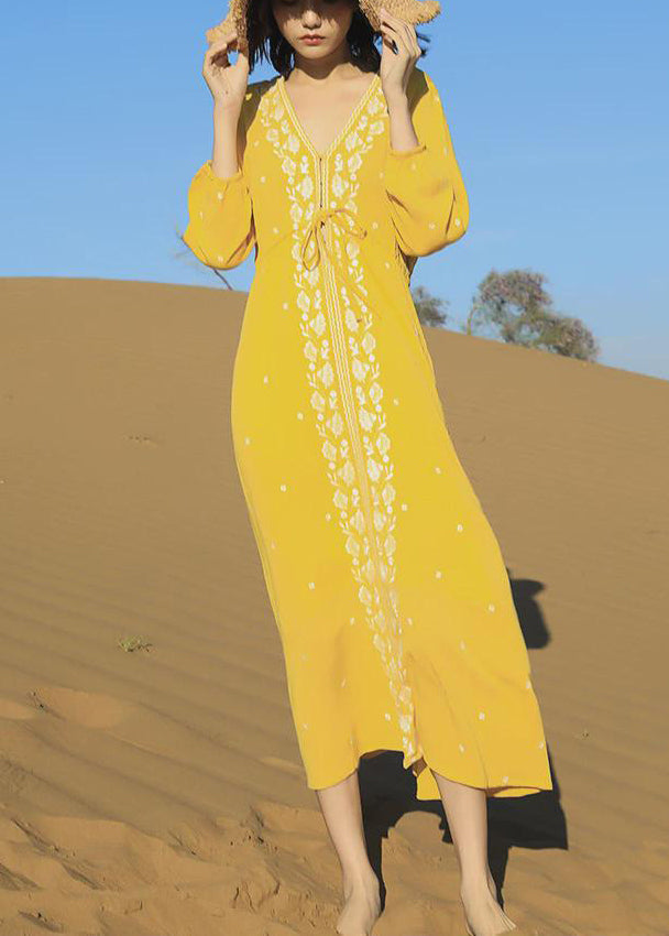 Embroidered Long Beautiful Yellow Bracelet Lace Up Cotton Dresses FashionChic