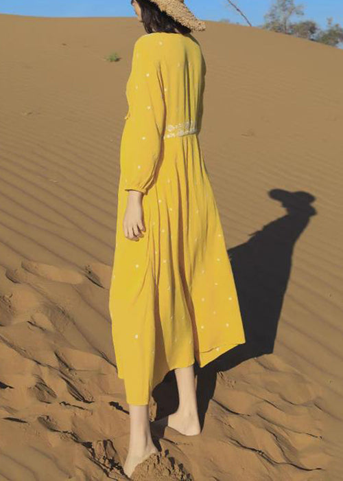 Embroidered Long Beautiful Yellow Bracelet Lace Up Cotton Dresses FashionChic