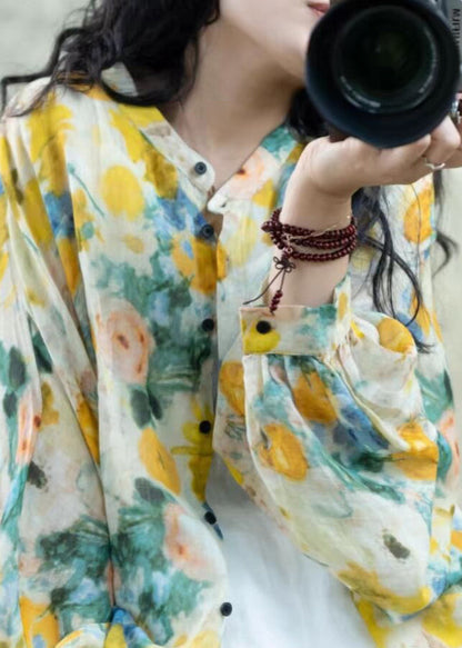 Beautiful Yellow Print Button Linen Loose Shirts Lantern Sleeve TI028