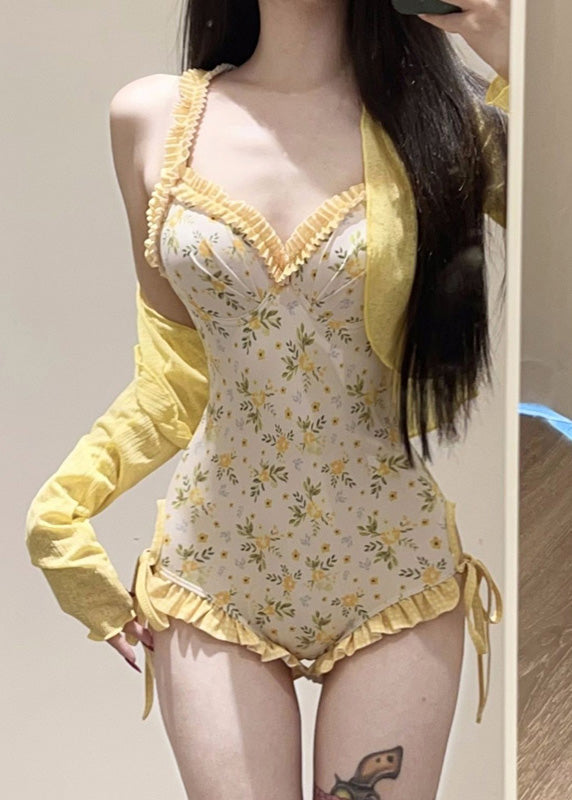 Set And Lingerie Bodysuit Beautiful Smock Yellow Print FashionChic