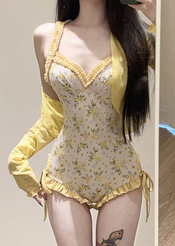 Set And Lingerie Bodysuit Beautiful Smock Yellow Print FashionChic