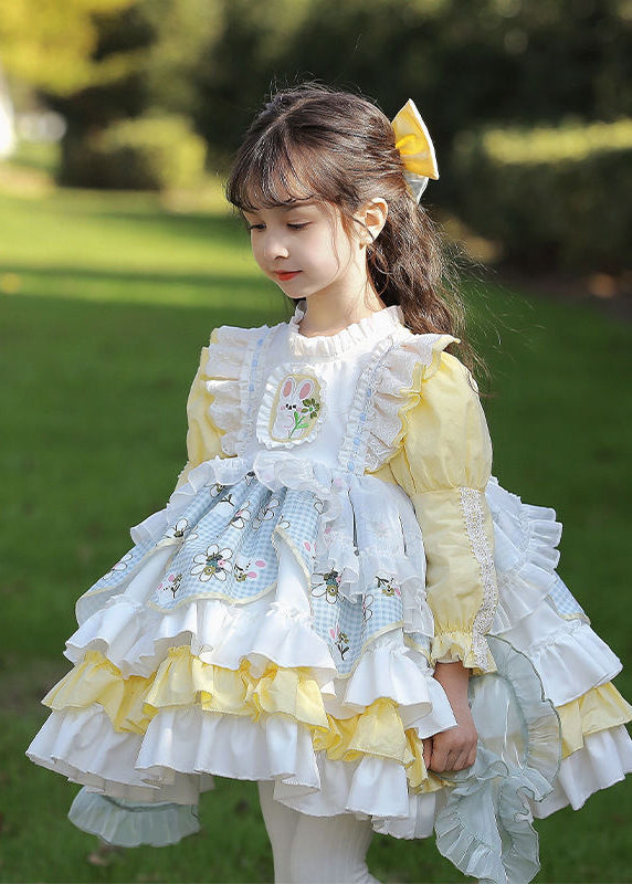 Beautiful Yellow Ruffled Patchwork Kids Mid Dress Spring YE027 ABC