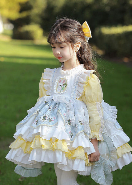 Beautiful Yellow Ruffled Patchwork Kids Mid Dress Spring YE027 ABC