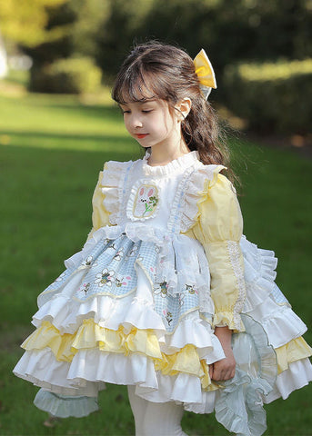 Beautiful Yellow Ruffled Patchwork Kids Mid Dress Spring YE027 ABC