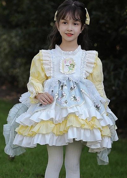 Beautiful Yellow Ruffled Patchwork Kids Mid Dress Spring YE027 ABC