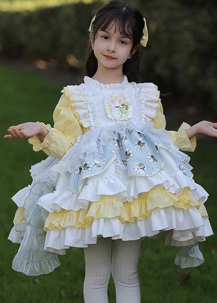 Beautiful Yellow Ruffled Patchwork Kids Mid Dress Spring YE027 ABC