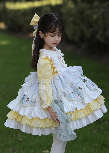 Beautiful Yellow Ruffled Patchwork Kids Mid Dress Spring YE027 ABC