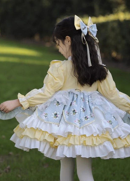 Beautiful Yellow Ruffled Patchwork Kids Mid Dress Spring YE027 ABC