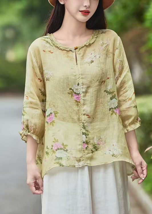 Blouse Ruffled Yellow Sleeve Linen Beautiful Bracelet Print FashionChic