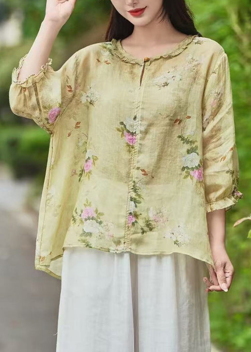 Blouse Ruffled Yellow Sleeve Linen Beautiful Bracelet Print FashionChic