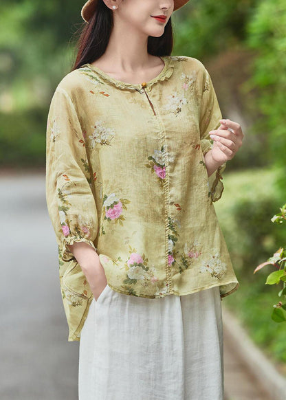 Blouse Ruffled Yellow Sleeve Linen Beautiful Bracelet Print FashionChic