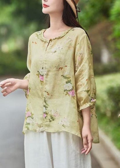 Blouse Ruffled Yellow Sleeve Linen Beautiful Bracelet Print FashionChic