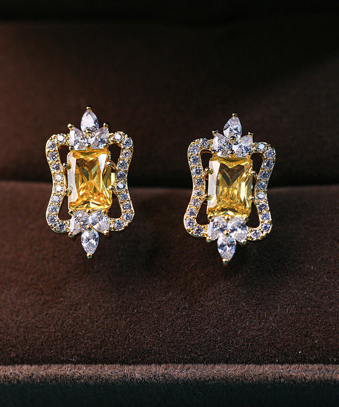 Beautiful Yellow Sterling Silver Overgild Zircon Stud Earrings TX046
