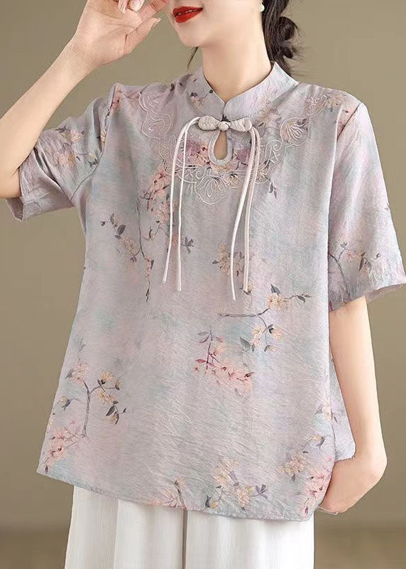 Beautiful light Purple Tasseled Print Cotton Top Short Sleeve AP029 GK-STP240718