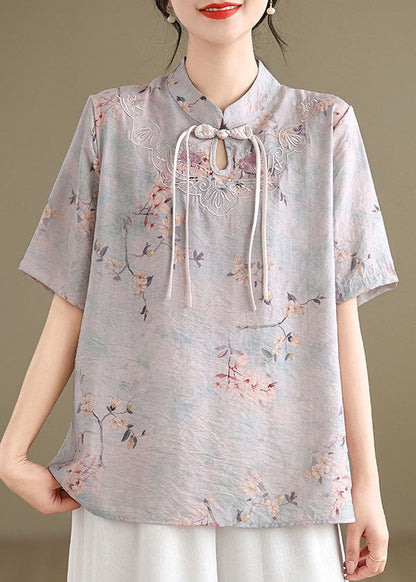 Beautiful light Purple Tasseled Print Cotton Top Short Sleeve AP029 GK-STP240718