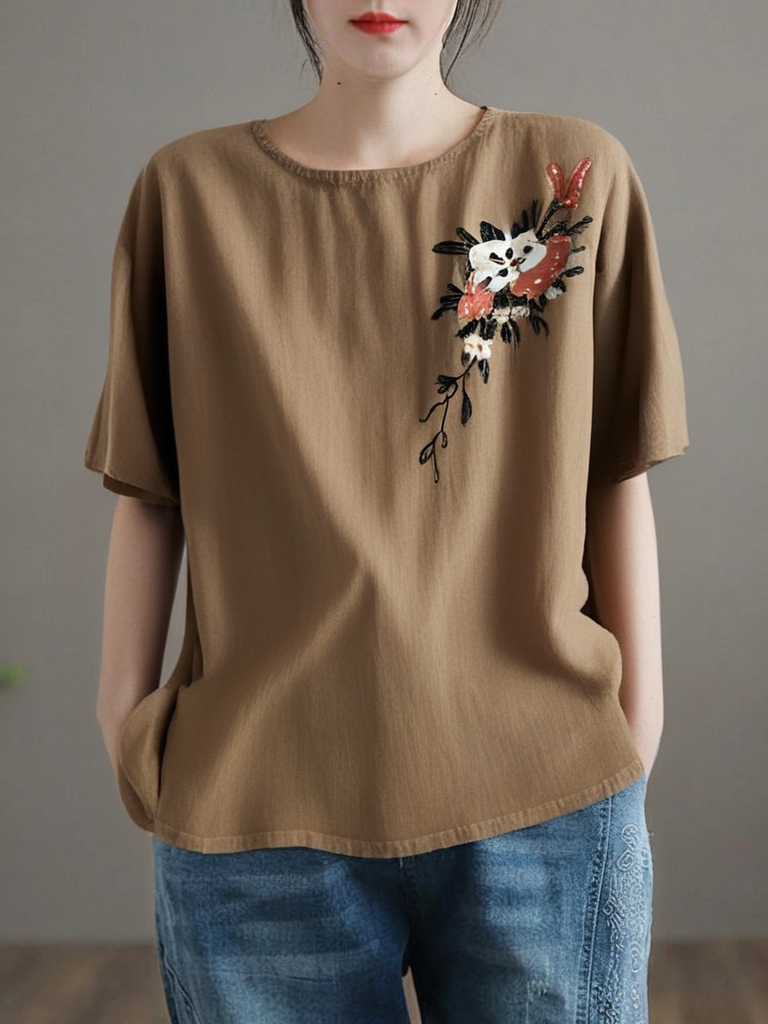 Grace Khaki O Neck Embroidered Linen T Shirts Summer QR018 GSK-240929