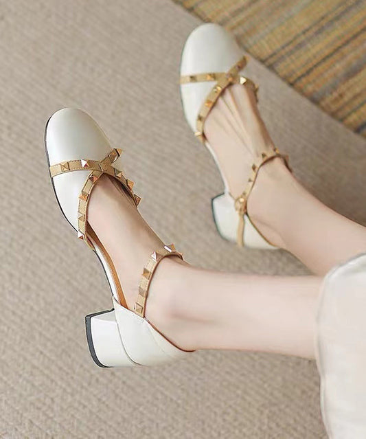 Beige Buckle Strap Cowhide Leather Rivet Baotou Sandals RT1047 Ada Fashion