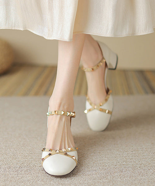 Beige Buckle Strap Cowhide Leather Rivet Baotou Sandals RT1047 Ada Fashion