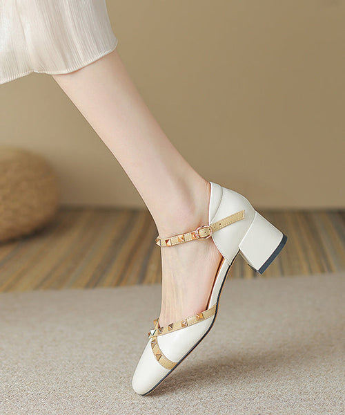 Beige Buckle Strap Cowhide Leather Rivet Baotou Sandals RT1047 Ada Fashion