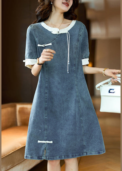 Beige Button Patchwork Denim Dress O Neck Short Sleeve GH1024 Ada Fashion