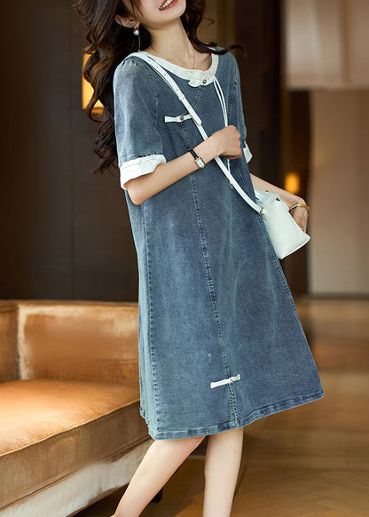 Beige Button Patchwork Denim Dress O Neck Short Sleeve GH1024 Ada Fashion