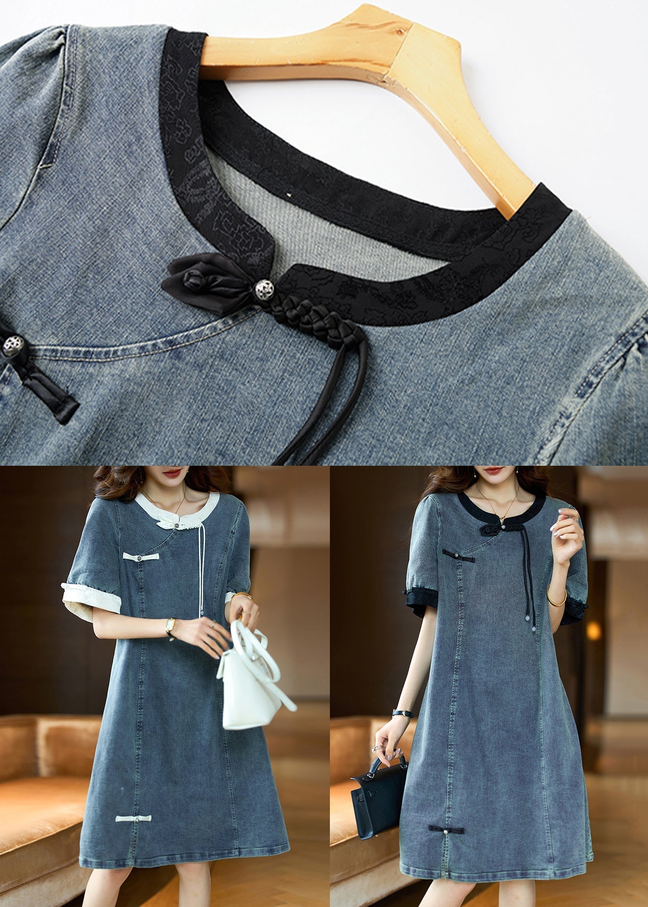 Beige Button Patchwork Denim Dress O Neck Short Sleeve GH1024 Ada Fashion