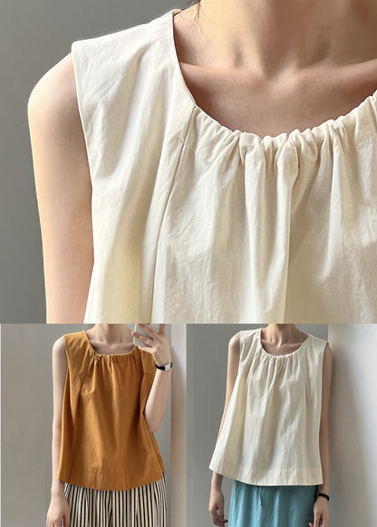 Beige Button Solid Cotton Tops O-Neck Summer QE035 MZF-STP240927