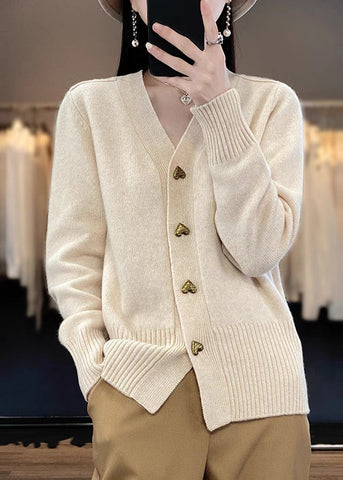 Spring Solid Neck Coats V Beige Knit Button FashionChic