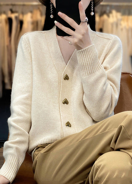 Spring Solid Neck Coats V Beige Knit Button FashionChic
