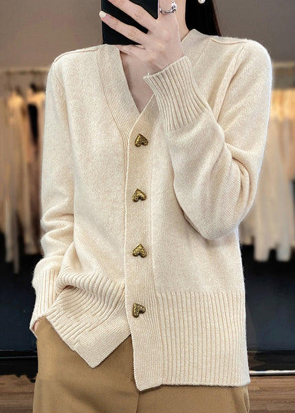 Spring Solid Neck Coats V Beige Knit Button FashionChic