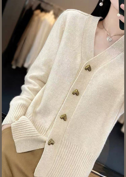 Spring Solid Neck Coats V Beige Knit Button FashionChic