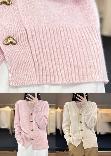 Spring Solid Neck Coats V Beige Knit Button FashionChic