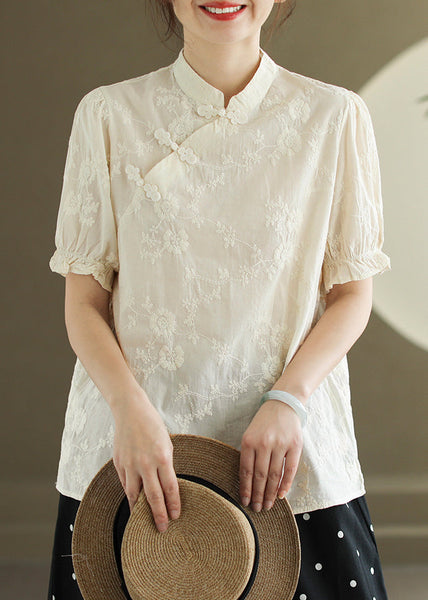 Beige Chinese Button Cotton Shirt Stand Collar Butterfly Sleeve RE010 MZF-STP240807