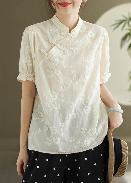 Beige Chinese Button Cotton Shirt Stand Collar Butterfly Sleeve RE010 MZF-STP240807