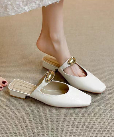 Leather Splicing Beige Chunky Sandals Slide Faux Boutique FashionChic