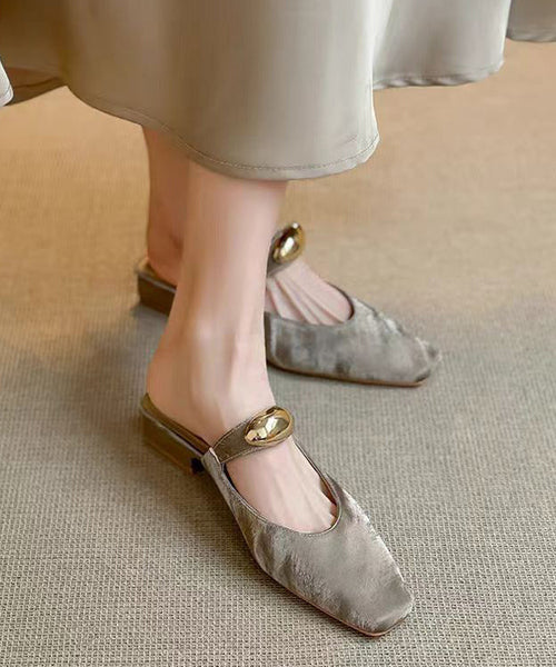 Leather Splicing Beige Chunky Sandals Slide Faux Boutique FashionChic