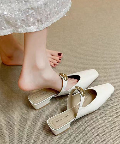 Leather Splicing Beige Chunky Sandals Slide Faux Boutique FashionChic