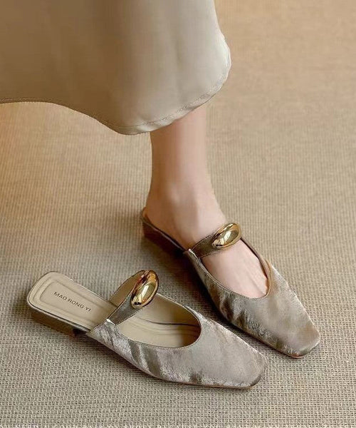 Leather Splicing Beige Chunky Sandals Slide Faux Boutique FashionChic