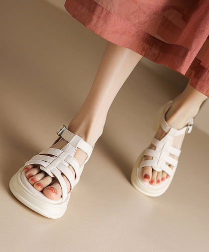Beige Chunky Heel Faux Leather Art Splicing Sandals Peep Toe XC1010 Ada Fashion