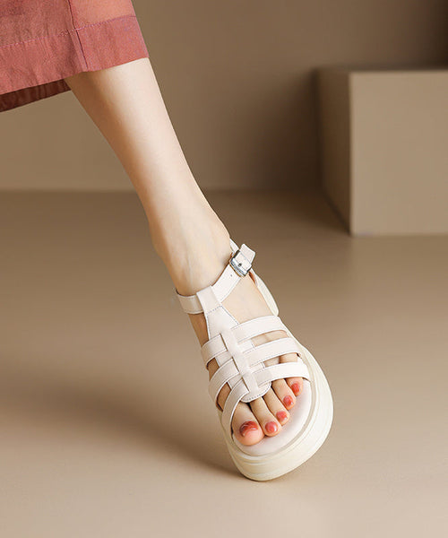 Beige Chunky Heel Faux Leather Art Splicing Sandals Peep Toe XC1010 Ada Fashion